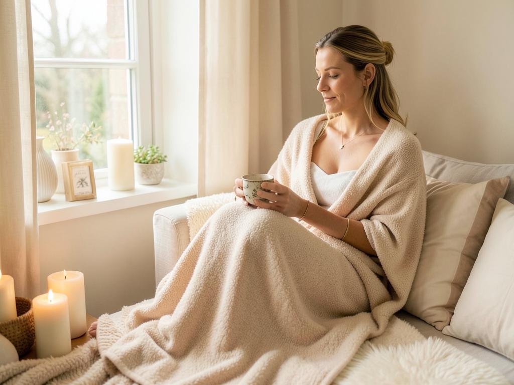 Frau in einer kuscheligen Decke mit einer Tasse Tee beim Entspannen
