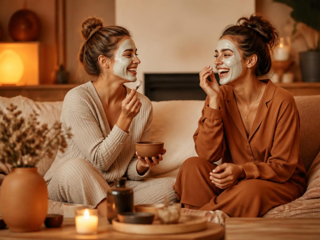 Zwei Freundinnen geniessen lachend einen Beauty-Abend mit Gesichtsmasken bei Kerzenlicht
